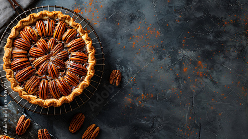 Cooling rack with tasty pecan pie on grunge background photo