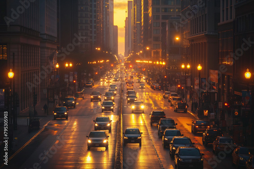 city at dusk during rush hour of commuters on their way home