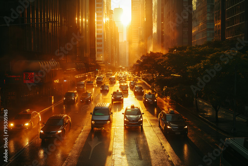 city at dusk during rush hour of commuters on their way home
