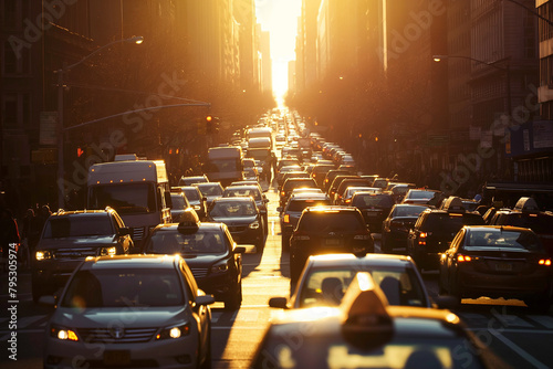 city at dusk during rush hour of commuters on their way home