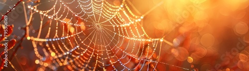 A spider's web glistens in the morning dew, backlit by the rising sun. photo