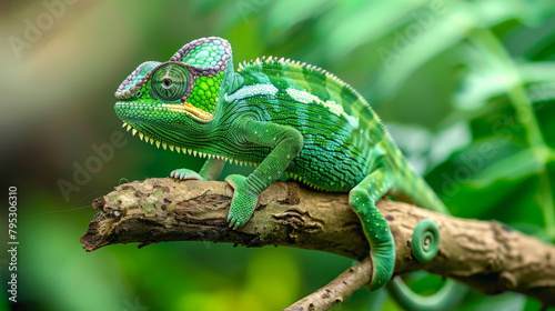 Green chameleon sitting on a branch