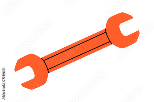 Hand drawn cute cartoon illustration of wrench or spanner instrument. Flat vector repair tool in colored doodle style. Support service hardware icon. Settings or fix problem. Find solution. Isolated.