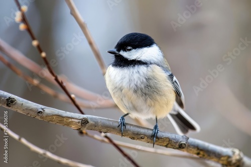 adorable blackcapped chickadee perched on branch front view portrait