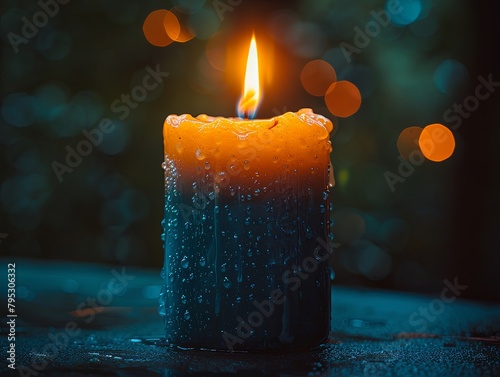 A single candle flame flickers in the darkness. photo