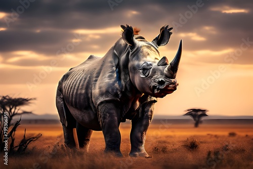 At dusk  rhinos in the savanna In the African savannah  a rhinoceros stands proudly against a setting sun.