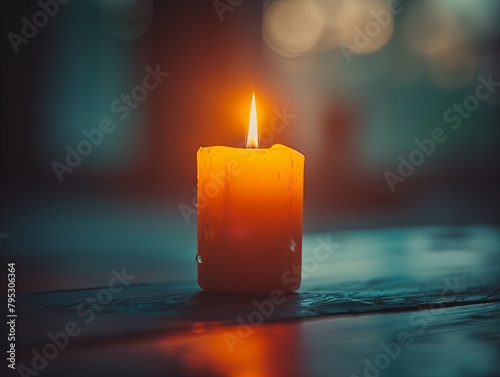 A single candle flame burns on a wooden table.