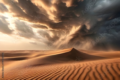 desert sandstorm  signifying the severe circumstances of arid regions A strong sandstorm is covering the horizon as it moves across a desert landscape.  