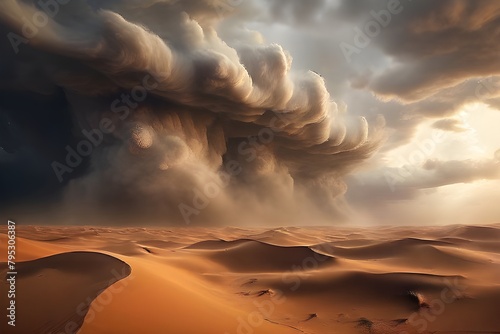 desert sandstorm, signifying the severe circumstances of arid regions A strong sandstorm is covering the horizon as it moves across a desert landscape.