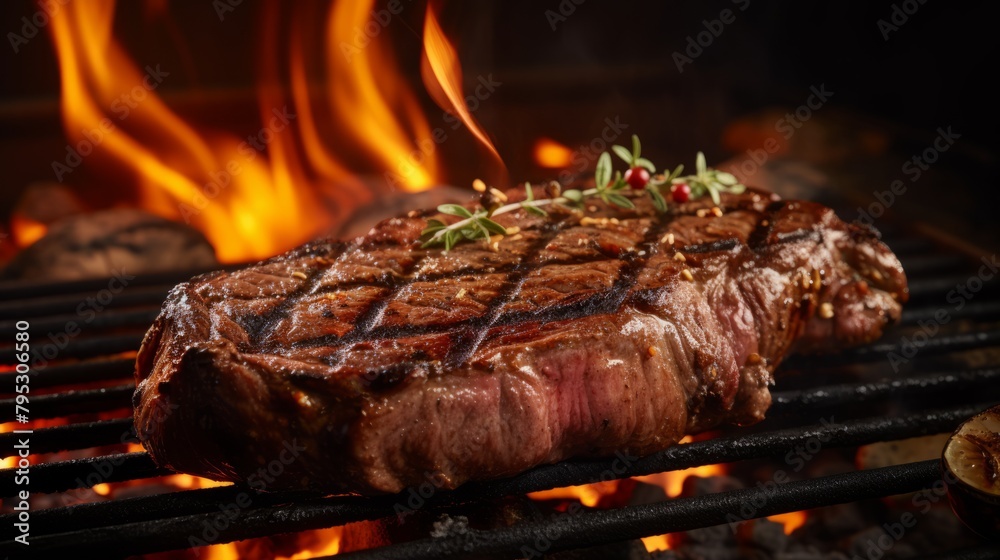 A sizzling steak being grilled to perfection on an open flame