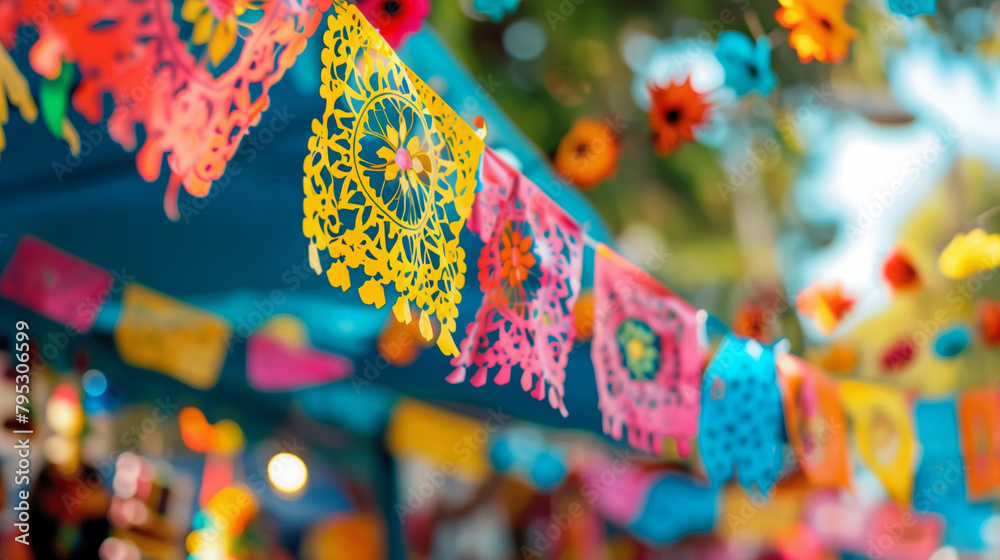 Colorful Papel Picado Decorations: Traditional Cinco de Mayo Festivities. Generative AI.