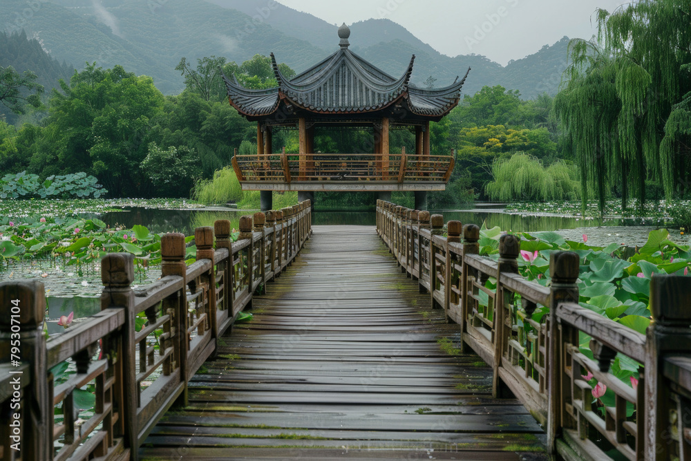 A wooden bridge in a lotus pond, with a Chinese pavilion in the background 