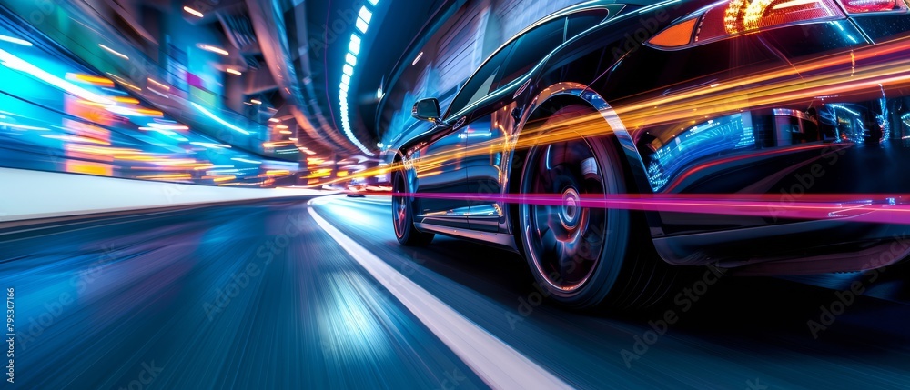 Speeding Electric Car with Light Trails in Vibrant City Night Speeding Electric Car with Light Trails in Vibrant City Night