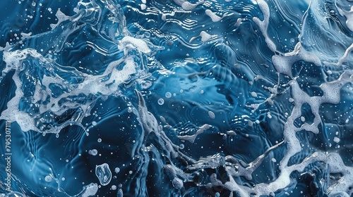 water texture with a flowing liquid and splashes and droplets.. seamless, Creative abstract wallpaper, banner,Blue sea water with foam as background. Sea wave close up.