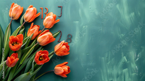 Cube calendar with date 08 and beautiful orange tulips #795307542