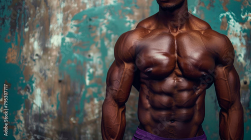A bodybuilder with well defined muscles is posing shirtless in front of a wall. His strong arms, shoulders, chest, and stomach are on display, highlighting the human body in all its muscular glory.