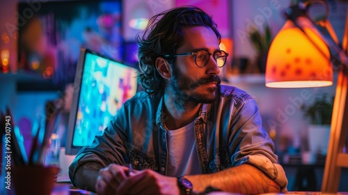 A man with long brown hair and glasses is sitting in a room with blue and orange lighting