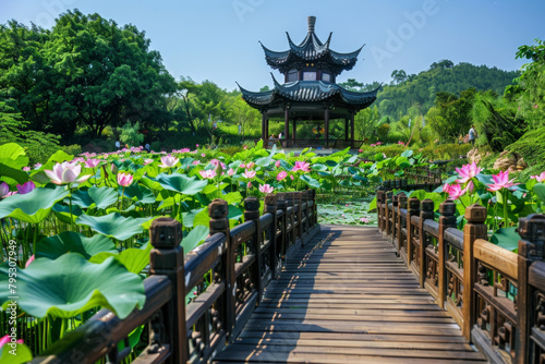 A wooden bridge in a lotus pond, with a Chinese pavilion in the background 
