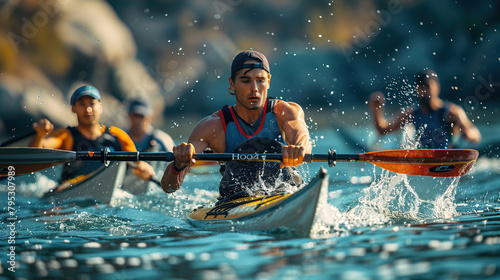 A group of male athletes participating in canoeing or kayaking competitions at the Olympic Games, water sports. canoeing. Olympics in France 2024