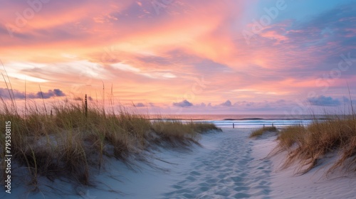 A beach at sunrise with pastel colored skies