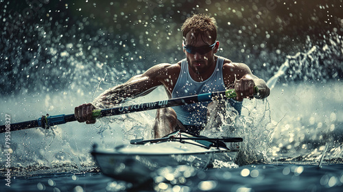 Portrait of a male athlete participating in canoeing or kayaking competitions at the Olympic Games, water sports. canoeing. © екатерина лагунова