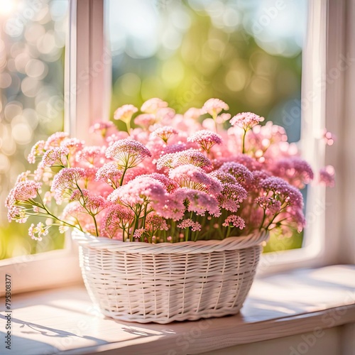 A white wicker basket filled with pink Queen Anne's Lace flower bouquet on a sunlit windowsill