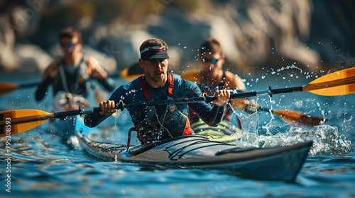 A group of male athletes participating in canoeing or kayaking competitions at the Olympic Games, water sports. canoeing. Olympics in France 2024