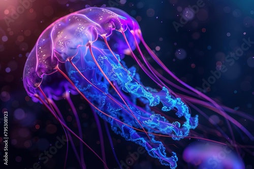 bioluminescent jellyfish floating in deep sea abyss surreal neon colors on black background 3d illustration
