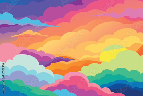 Colorful watercolor background of abstract sunset sky with puffy clouds in bright rainbow colors of pink green blue yellow and purple vector