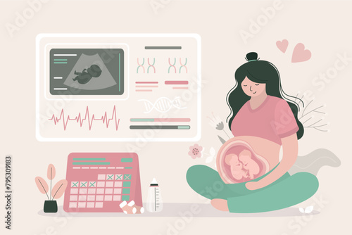 Pregnant woman sitting in lotus position. Two human unborn children fetus in mother belly. Abdominal ultrasound, medical research. Twins babies in womb.