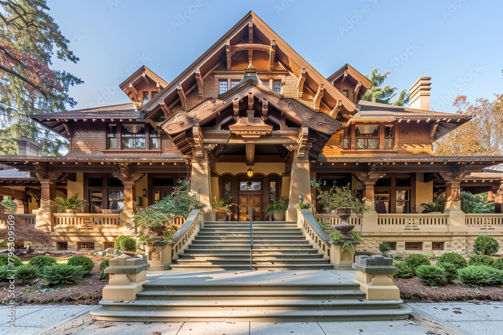 A historic Craftsman mansion restored to its former glory, with intricate woodwork, a grand staircase leading to the entrance, and a beautifully landscaped front yard.