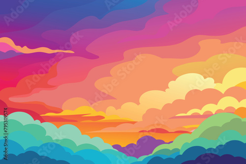 Colorful watercolor background of abstract sunset sky with puffy clouds in bright rainbow colors of pink green blue yellow and purple vector © mobarok8888