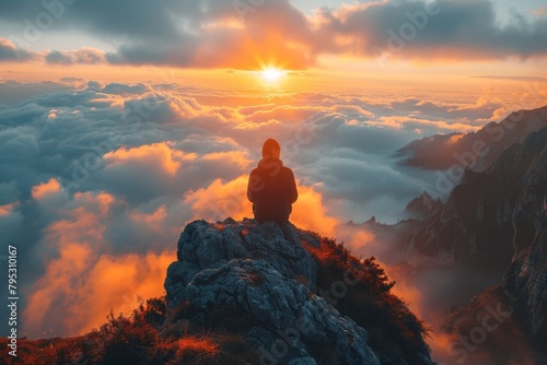 A single person is silhouetted against a breathtaking sunrise above a sea of clouds, atop a rugged mountain peak