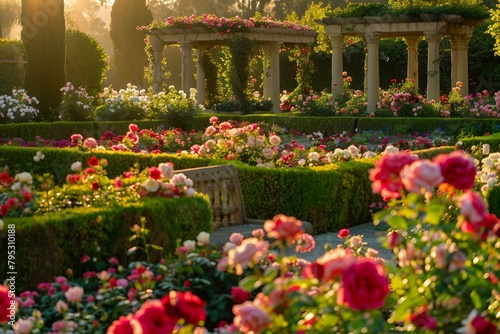 A romantic rose garden in the late afternoon sun petal