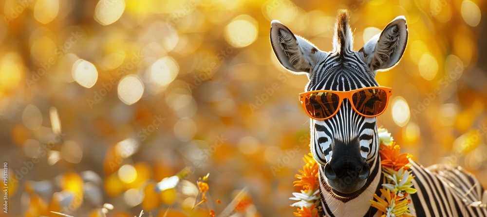 Fototapeta premium Stylish zebra in vibrant hawaiian shirt and trendy orange sunglasses for a fashionable look