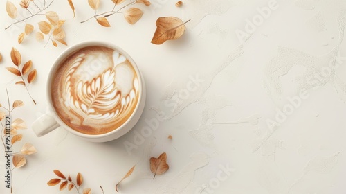 cup of coffee with foliage decoration and copy space on white background for advertising poster banner design, 3d render