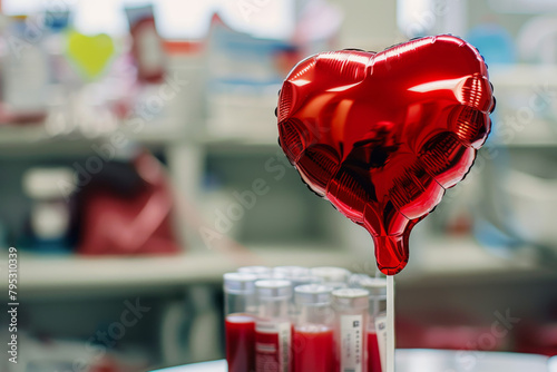 world blood donor day, 14 june, Abstract image of a heart-shaped red balloon on a blurry background in a hospital