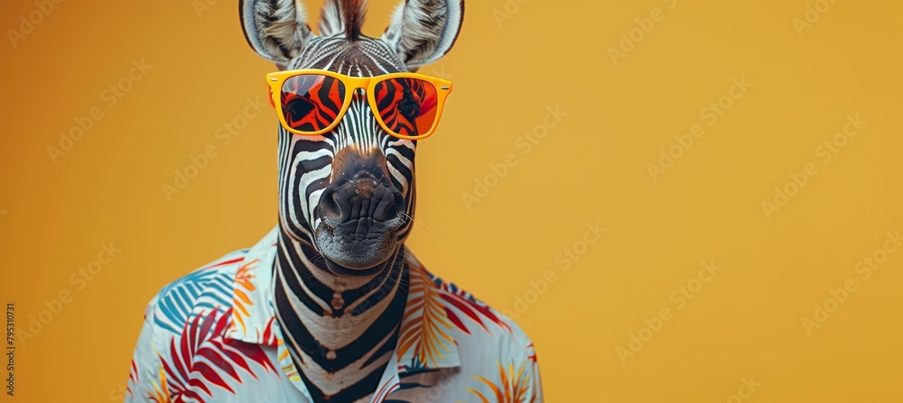 Fototapeta premium Stylish zebra in vibrant attire with orange sunglasses and a colorful hawaiian shirt