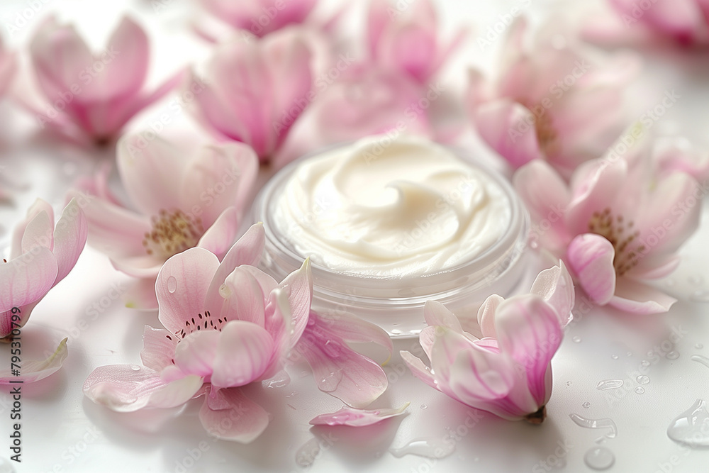 A jar of cream is surrounded by pink flowers