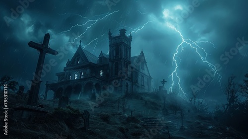 A haunted house on a stormy night. photo