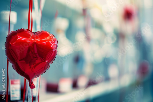Abstract image of a heart-shaped red balloon on a blurry background in a hospital, world blood donor day, 14 june photo