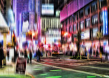 People, lights and street with motion blur at night of busy road or cityscape in New York City. Group, community or pedestrians on sidewalk in late evening, town square or urban area with traffic