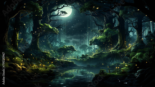 A dense, gradient-filled forest canopy illuminated by the soft glow of moonlight. © Best