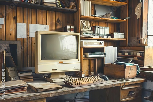 vintage office interior with old computer and obsolete technology retro workplace concept