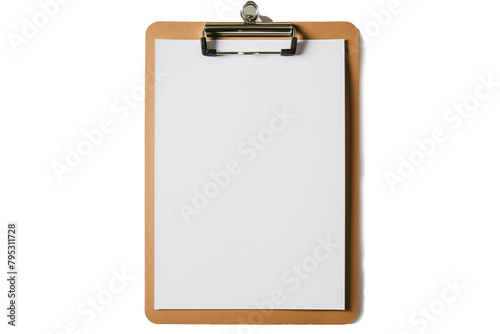 A blank white paper on a brown clipboard against a plain transparent background.