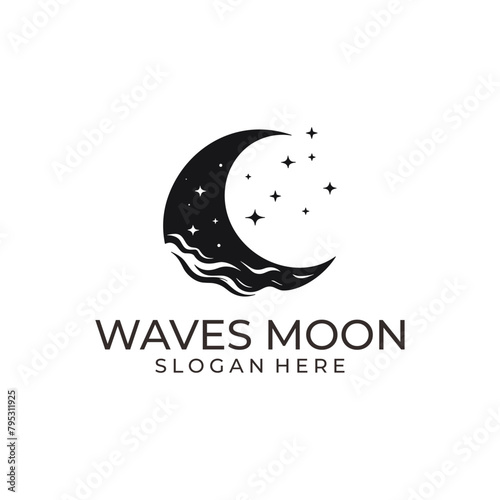 Wave moon and stars logo vector illustration