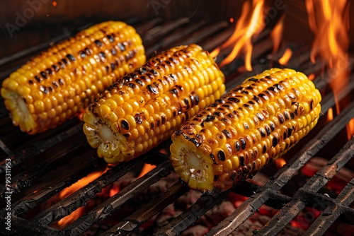 Corn cobs grilling over an open flame.
