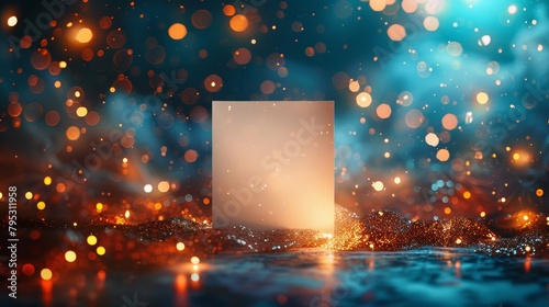 A glowing square on a blue background with glowing particles.