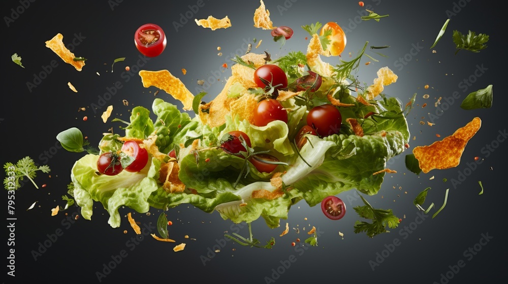 Tossed salad ingredients suspended in mid-air