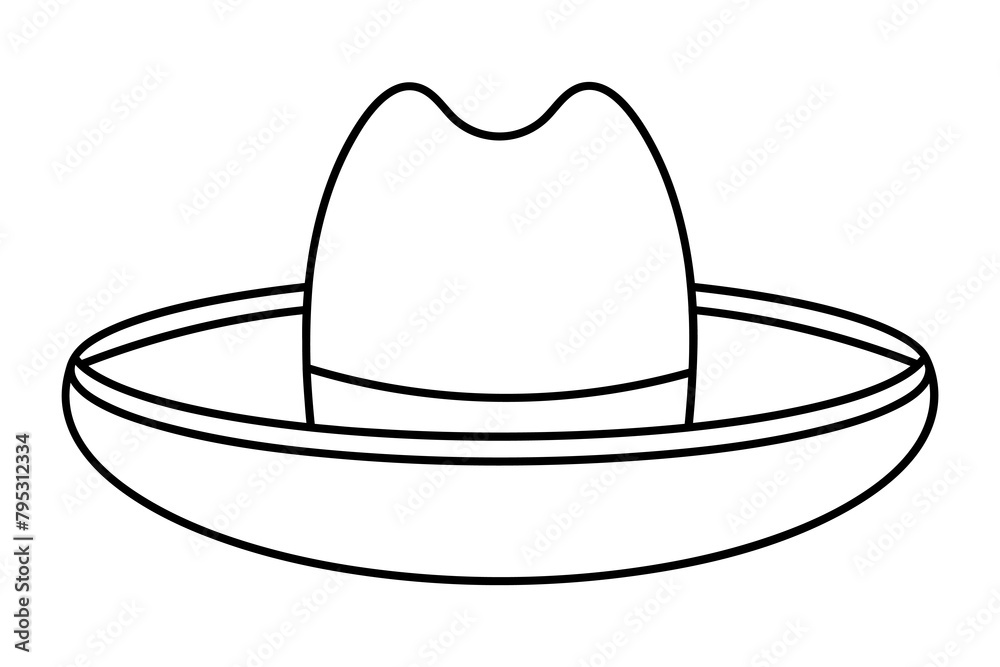 Wide brim hat. Sketch. Headgear to protect the head from heat stroke. Vector illustration. Outline on isolated background. Coloring book for children. Doodle style. Summer head accessory. Wide brim hat. Sketch. Headgear to protect the head from heat stroke. Vector illustration. Outline on isolated background. Coloring book for children. Doodle style. Summer head accessory.